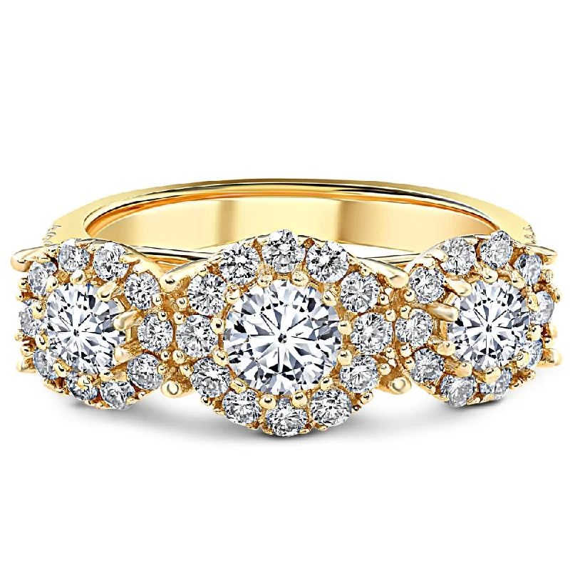 Rings with branch-inspired bands for organic -1 3/8 Ct Diamond Three Stone Halo Pave Engagement Ring Yellow Gold