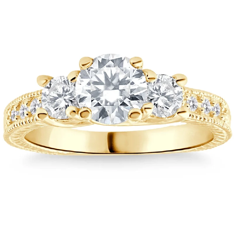 Rings with vintage-inspired rose-cut diamonds -1.80Ct Three Stone Diamond Engagement Ring Vintage Accents 14k Yellow Gold