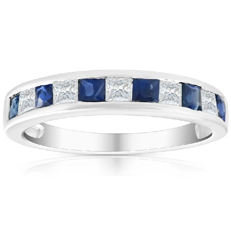 Rings with tiger eye bands for warmth -1 Ct Princess Cut Blue Sapphire & Diamond Ladies Wedding Ring 14k White Gold