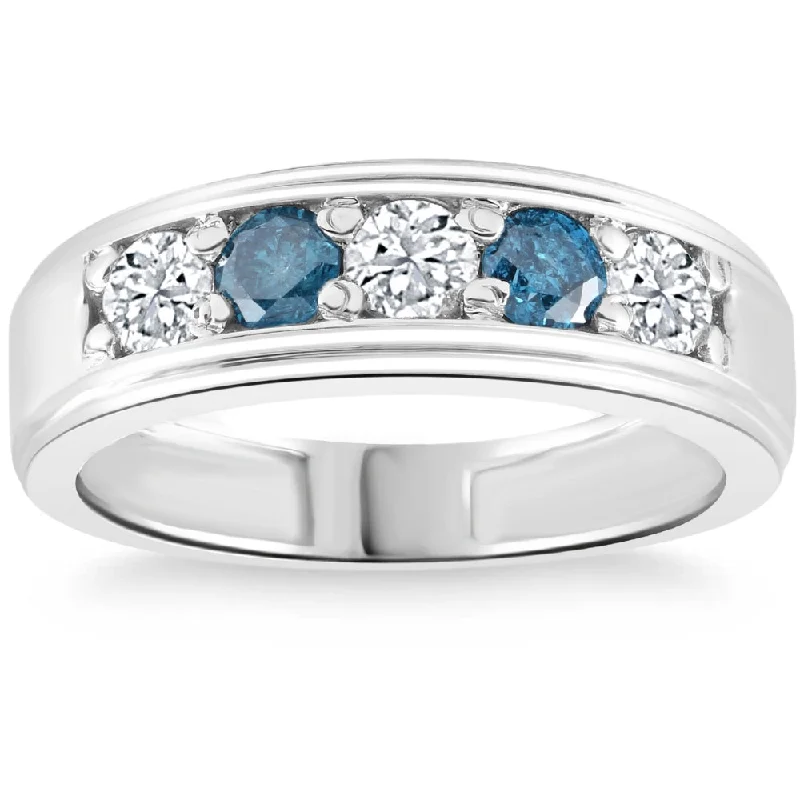 Rings with coral stones for vibrant pop -1 Ct T.W. Blue & White Diamond Mens Wedding Ring 5-Stone Anniversary White Gold