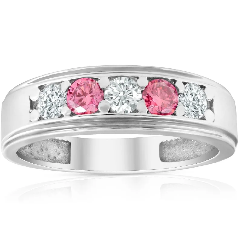 Platinum rings with sparkling sapphire center stones -1 Ct T.W. Pink & White Lab Grown Diamond Mens Wedding Ring 5-Stone White Gold