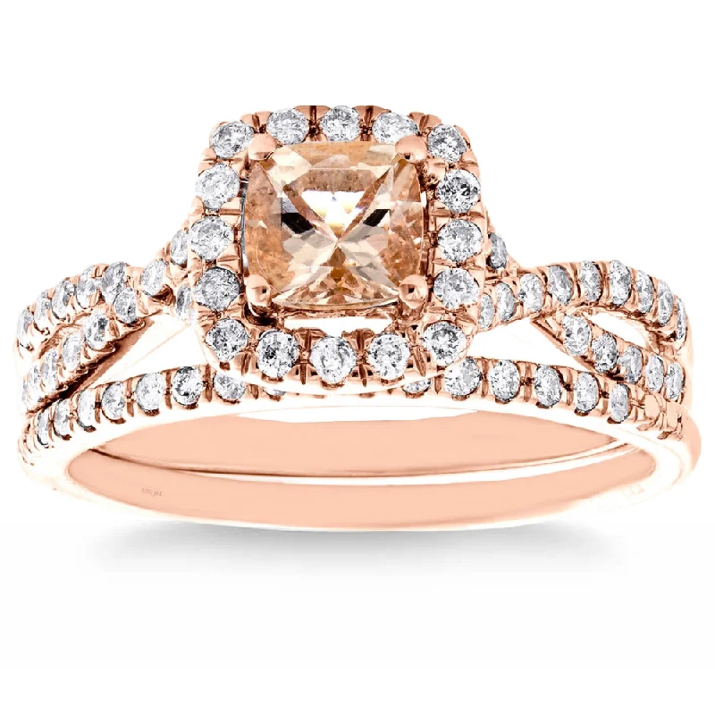 Rings with sunburst citrine for radiant appeal -1C TW Cushion Morganite Diamond Engagement Wedding Ring Set 14k Rose Gold