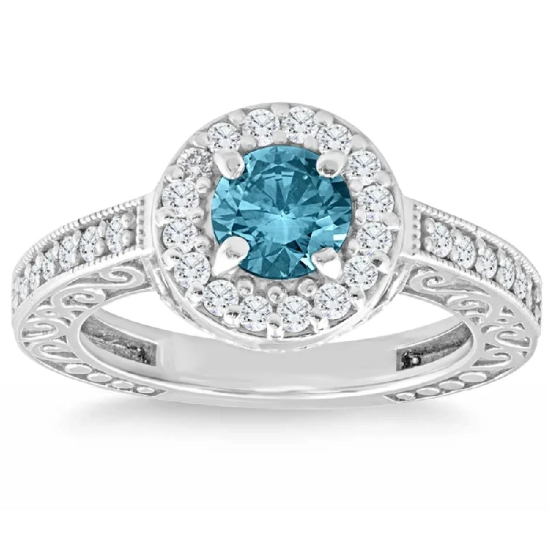 Rings with vintage-inspired emerald for luxury -1Ct Blue & White Diamond Halo Vintage Engagement Ring Lab Grown 14k White Gold