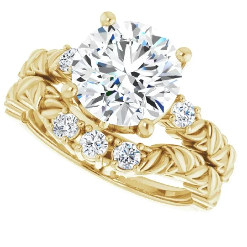 Rings with floral halo diamond arrangements -2 1/2Ct Diamond & Moissanite Petite Leaf Accent Engagement Set in 10k Gold