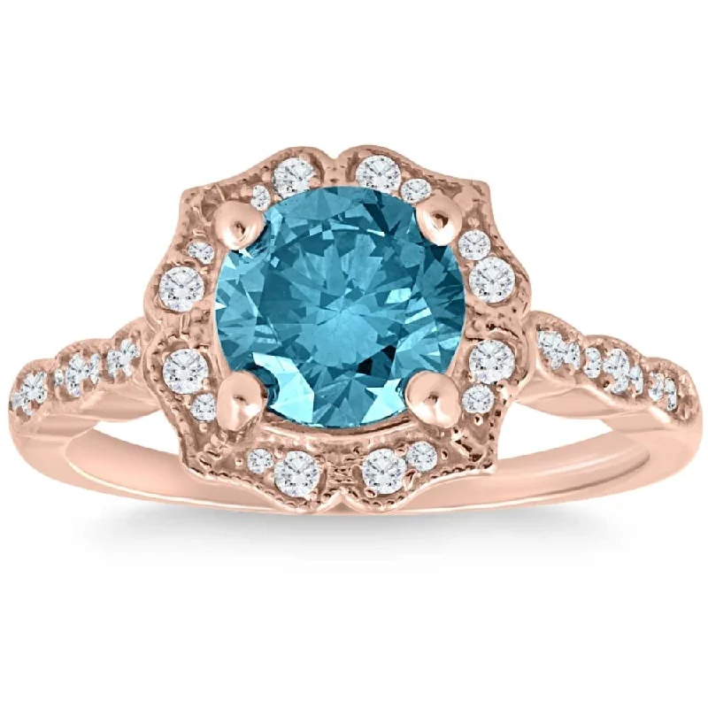 Rings with matte gold for subtle luxury -2Ct TW Blue & White Diamond Halo Vintage Engagement Ring 14k Rose Gold