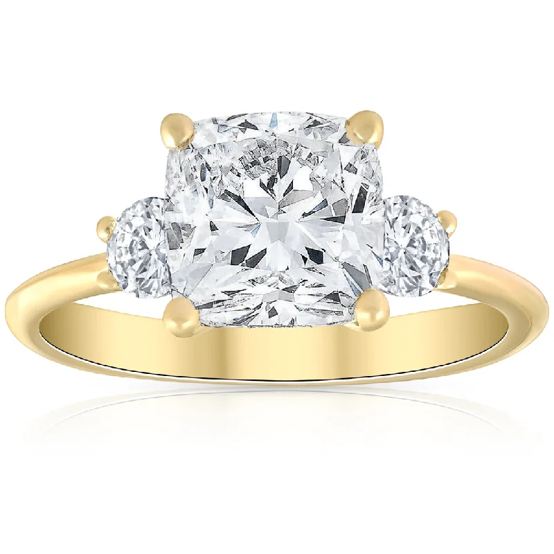 Chunky rings with hammered gold band texture -3 1/2Ct Cushion & Round Cut Moissanite Engagement Ring 14k Yellow Gold