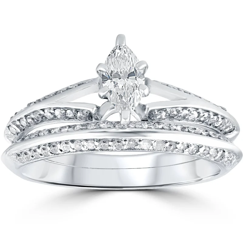 Rings with branch-inspired bands for organic -3/4 ct Marquise Diamond Engagement Wedding Ring Set 14k White Gold