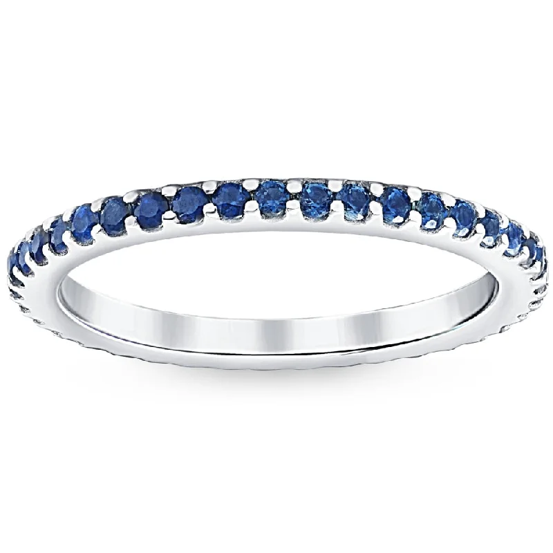 Rings with channel-set turquoise for color -3/4Ct Blue Sapphire Stackable Ring Wedding Band 10k White Gold