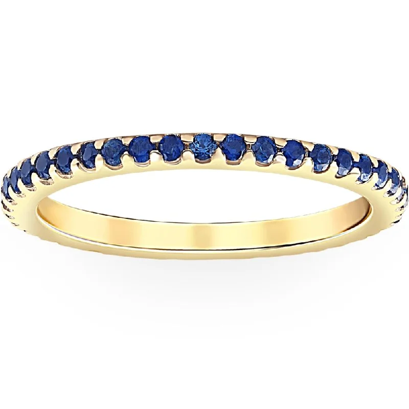 Rings with wave patterns for ocean vibes -3/4Ct Genuine Blue Sapphire Eternity Ring Stackable Band 10k Yellow Gold