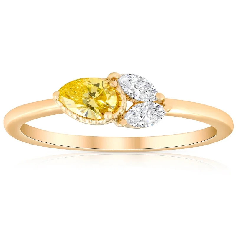 Rings with twisted rose gold band designs -3/8Ct Fancy Yellow Pear & Marquise Shape Diamond Ring Yellow Gold Lab Grown