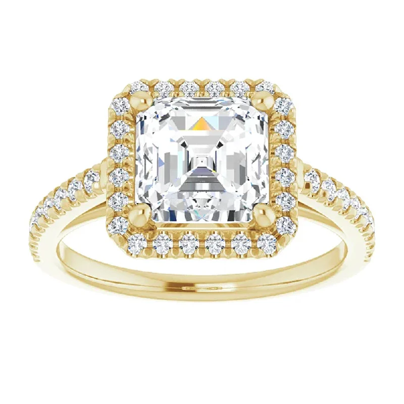 Rings with spiral designs for eye-catching twist -4 1/2Ct Asscher Cut Moissanite & Diamond Halo Engagement Ring in 10k Gold