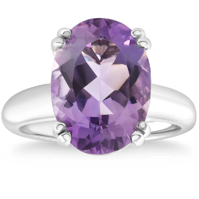 Rings with peacock ore for iridescent glow -4Ct Large 10x8mm Oval Amethyst Solitaire Ring 10k White Gold