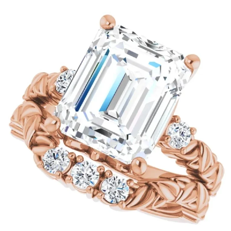 Rings with delicate filigree sapphire settings -5 1/2Ct Diamond & Emerald Cut Moissanite Petite Leaf Engagement Set in Gold