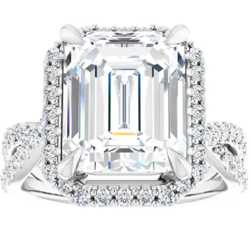 Rings with sunstone gems for fiery sparkle -5 3/4Ct Emerald Cut Moissanite & Diamond Engagement Ring White Yellow Rose Gold