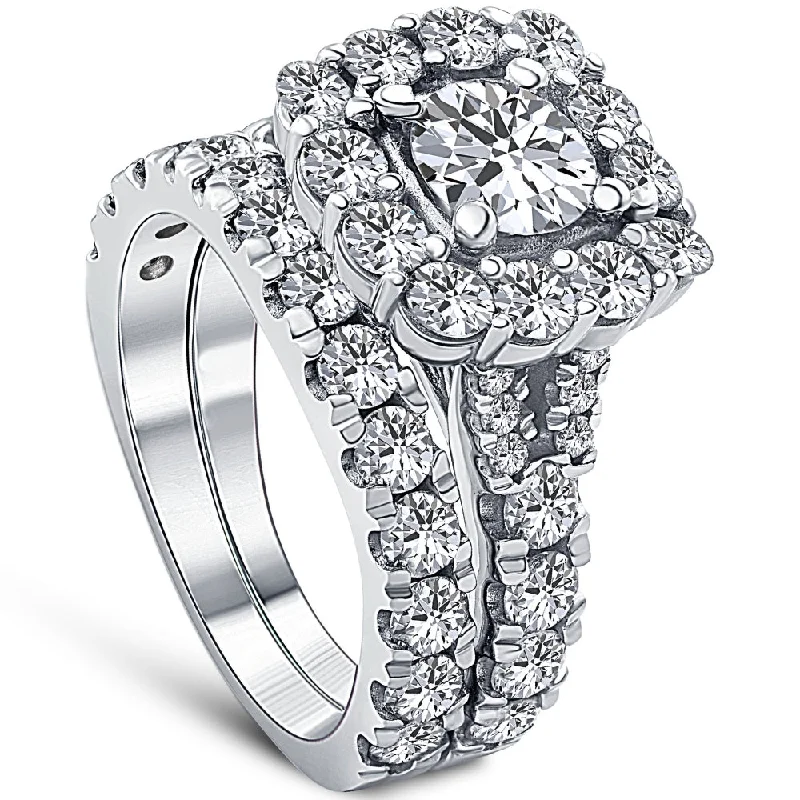 Rings with vine-wrapped bands for nature -5Ct Cushion Halo Split Ring Diamond Engagement Set in White Yellow Rose Gold