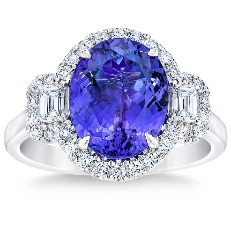 Stackable rings with mixed metal finishes -5Ct Oval Simulated Tanzanite Moissanite & Lab Grown Diamond Ring 10k White Gold