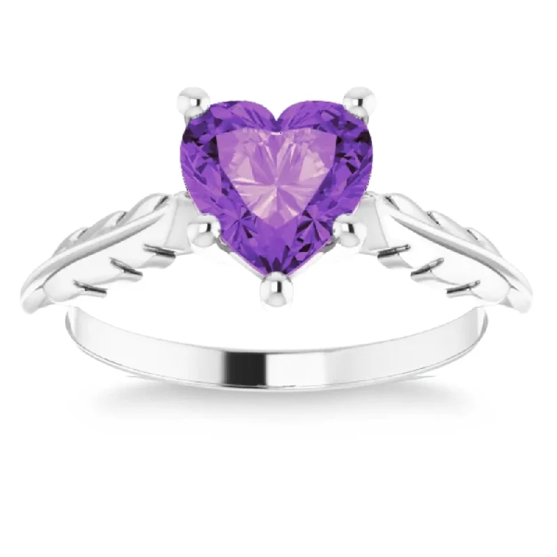 Simple rings with polished black onyx shine -7mm Amethyst Solitaire Heart Shape Leaf Accent Ring in 14k White or Yellow Gold