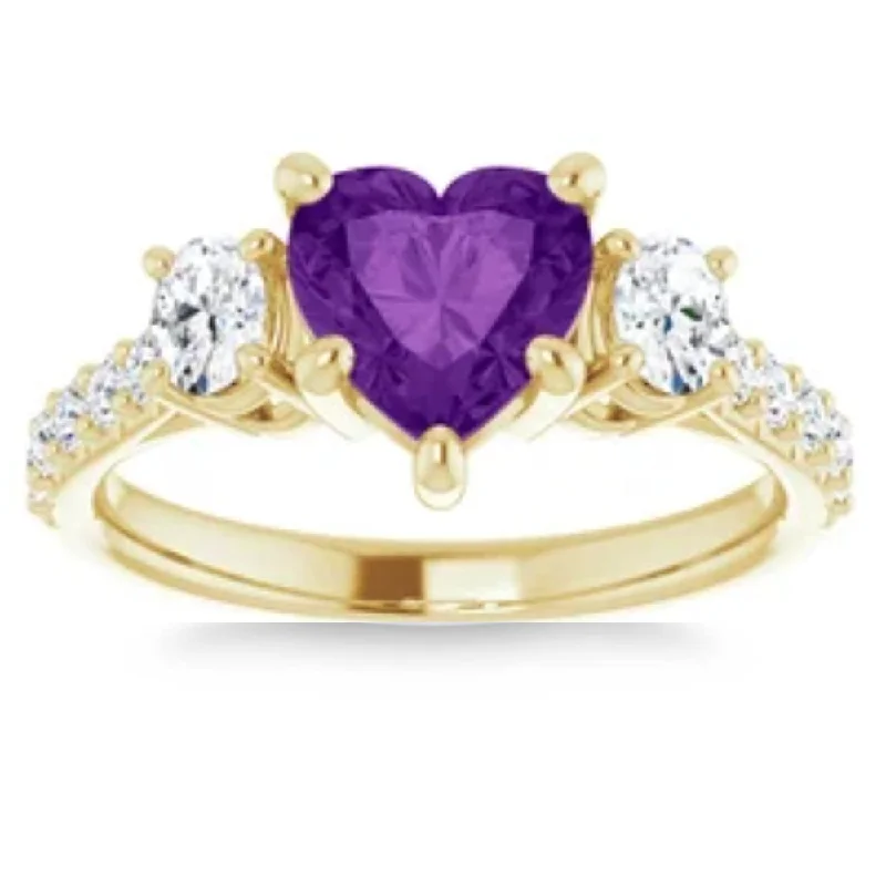 Rings with claw-set amethyst for security -7mm Amethyst Three-Stone Diamond Heart Shape Ring in 14k White or Yellow Gold