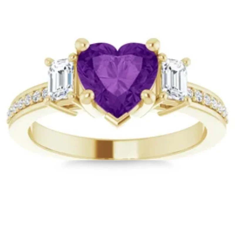 Rings with blue quartz for cool tones -7mm Amethyst Vintage Diamond Heart Shape Accent Ring in 14k White or Yellow Gold