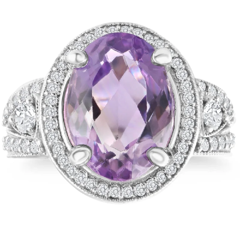 Dainty rings with subtle engraved star motifs -9 1/2ct Oval Amethyst Vintage Halo Diamond Ring 14k White Gold