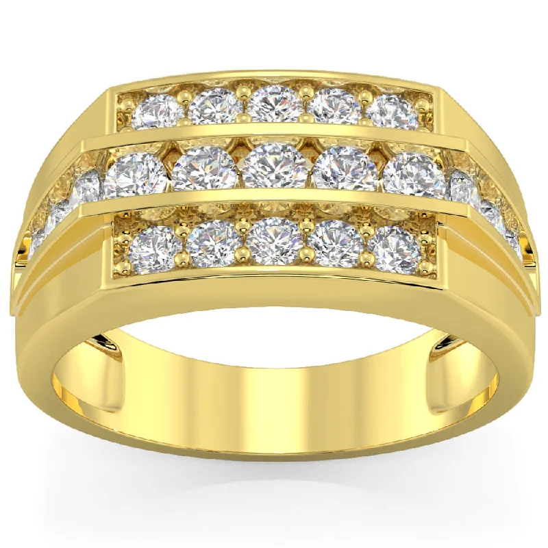 Rings with hexagon-cut stones for trendiness -Men's 1 1/2 CT. T.W. Diamond Stepped Triple Row Ring in 10K Gold