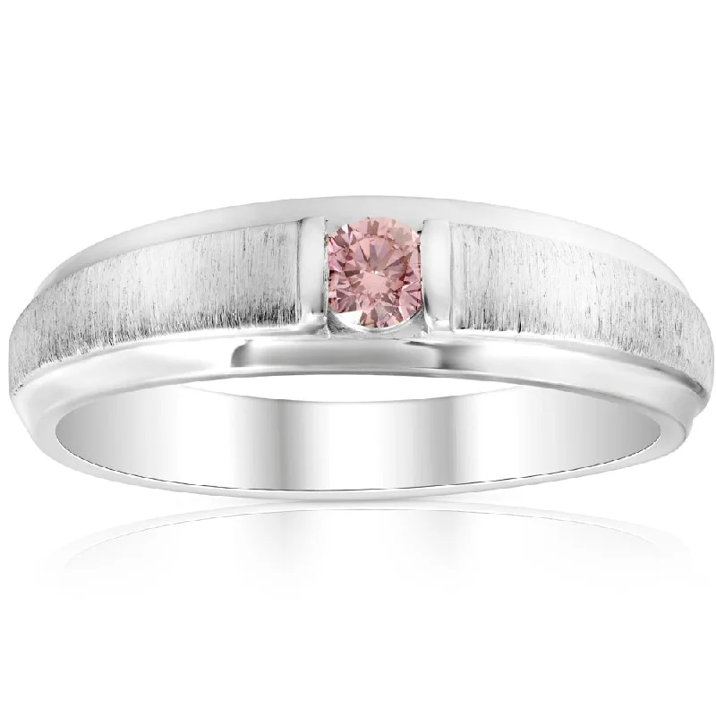 Rings with rough sapphire for rugged chic -Mens Brushed Pink Diamond Lab Grown Wedding Brushed Anniversary Ring White Gold