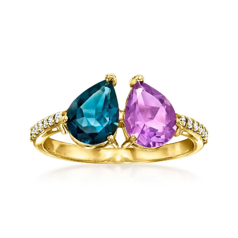 Rings with herkimer diamonds for raw clarity -Ross-Simons London Blue Topaz and Amethyst Toi Et Moi Ring With . Diamonds in 14kt Yellow Gold