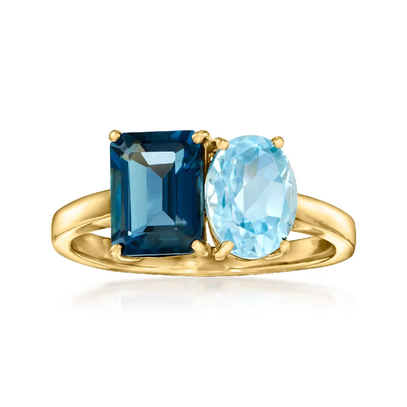 Bold rings with oversized amethyst gemstones -Ross-Simons London Blue Topaz and Sky Blue Topaz Toi Et Moi Ring in 14kt Yellow Gold