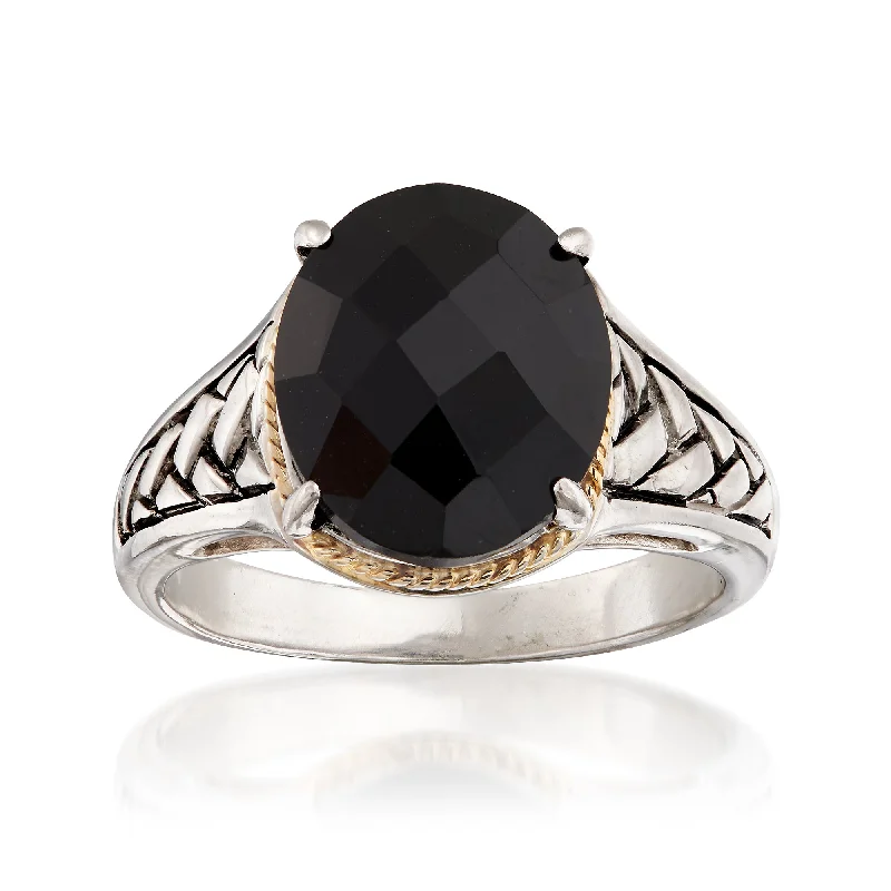 Rings with natural amber for warm glow -Ross-Simons Oval Black Onyx Braid Ring in Sterling Silver and 14kt Yellow Gold