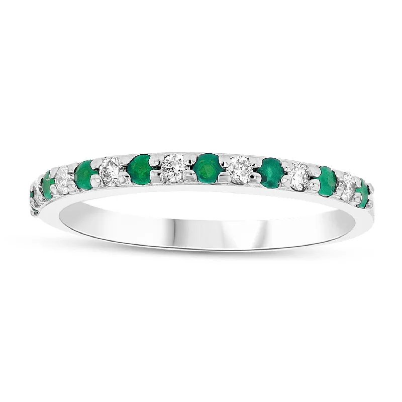 Rings with blue quartz for cool tones -Suzy Levian 14k Gold Green Emerald & White Diamond Half Eternity Ring