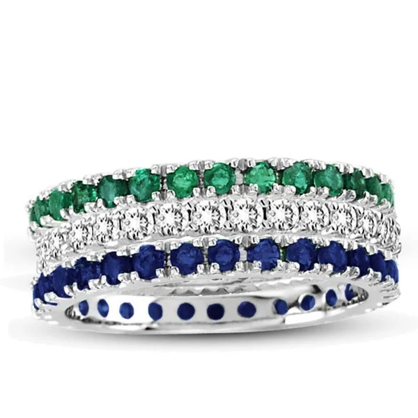 Rings with polished tourmaline for vibrant shine -Suzy Levian 14K White Gold Diamond Emerald Sapphire Eternity Band Ring (Set of 3)