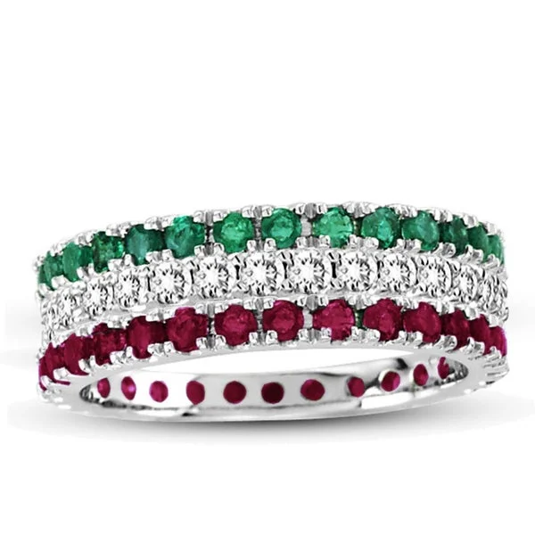 Rings with branch-inspired bands for organic -Suzy Levian 14K White Gold Diamond Ruby Emerald 3-piece Eternity Band Ring Set