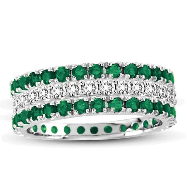 Handcrafted rings with raw emerald rough stones -Suzy Levian 14k White Gold Emerald Diamond 3-piece Eternity Band Ring Set