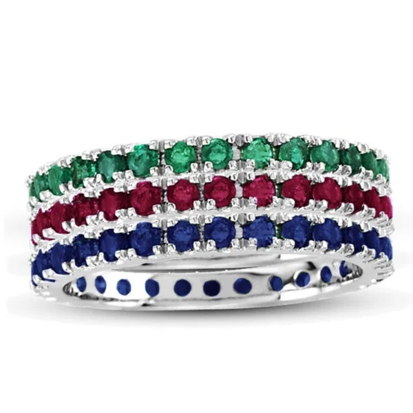 Vintage rings with engraved floral band designs -Suzy Levian 14K White Gold Emerald Ruby Sapphire Eternity Band Ring (Set of 3)