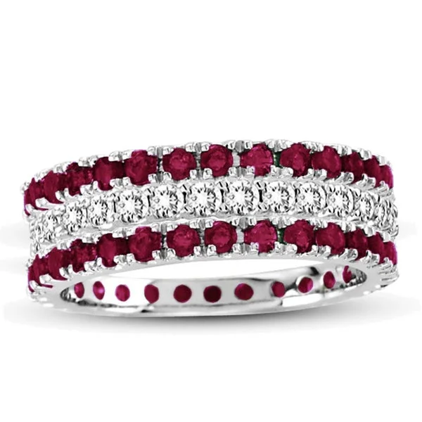 Rings with fluorite stones for rainbow shine -Suzy Levian 14k White Gold Ruby Diamond 3-piece Eternity Band Ring Set