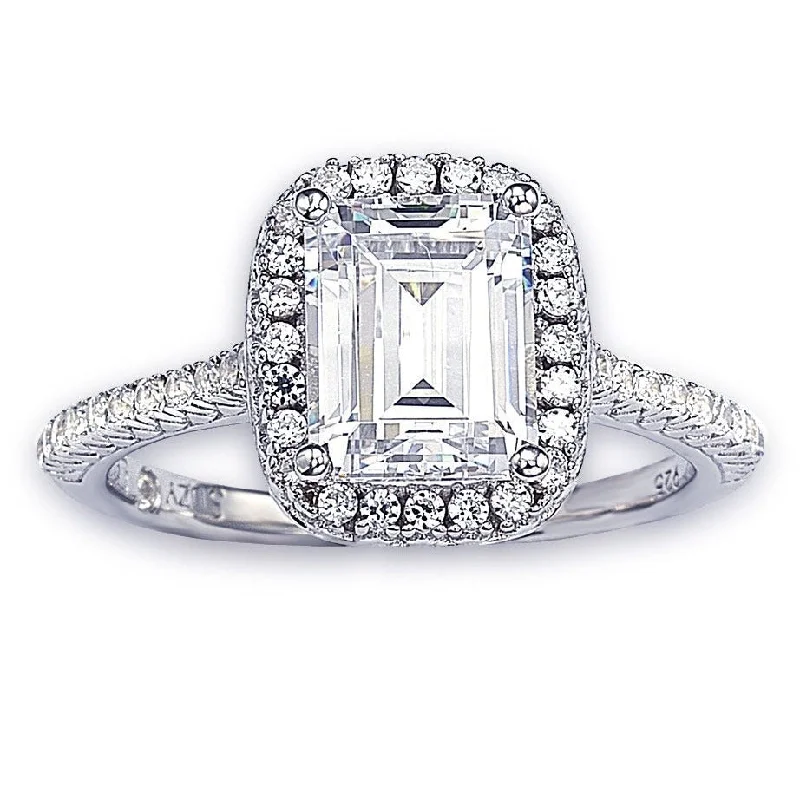 Rings with double bands for modern twist -Suzy Levian Bridal Sterling Silver Asscher-cut White Cubic Zirconia Halo Engagement Ring