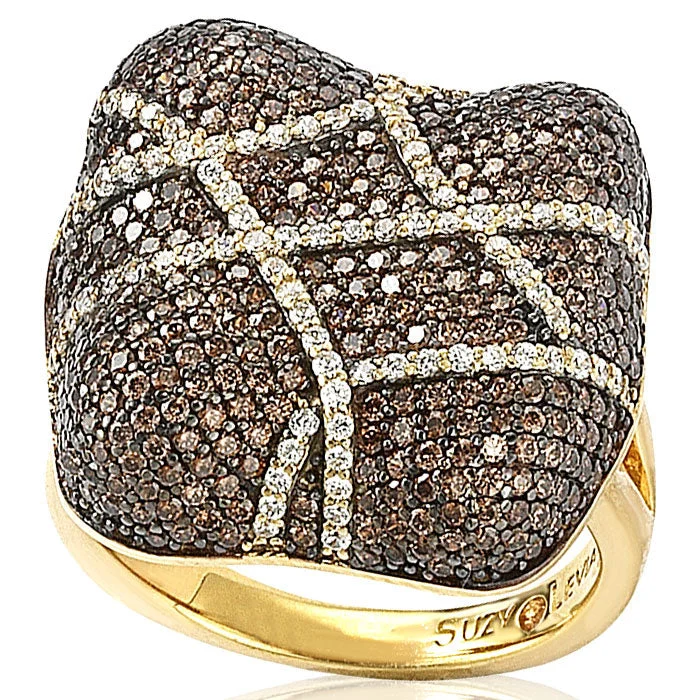 Rings with pink sapphire for delicate charm -Suzy Levian Gold Plated Sterling Silver Brown Cubic Zirconia Crossover Micro Pave Cushion Anniversary Ring