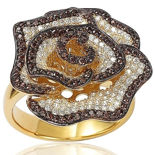 Rings with pave-set gemstones for brilliance -Suzy Levian Golden Sterling Silver Brown and White Cubic Zirconia Pave Flower Ring