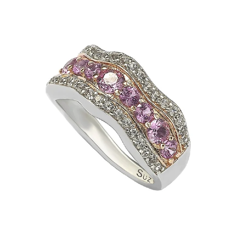 Rings with aquamarine stones for ocean charm -Suzy Levian Pink Sapphire and Diamond Accent in Sterling Silver Wavy Ring