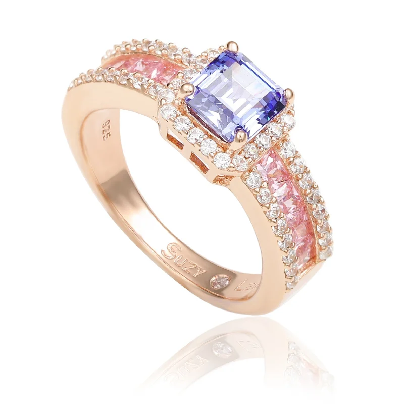 Rings with star sapphire for unique glow -Suzy Levian Rose Gold Sterling Silver Blue Tanzanite Pink Cubic Zirconia Engagement Ring