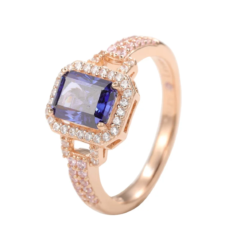 Rings with hexagon-cut stones for trendiness -Suzy Levian Rose Sterling Silver Emerald-Cut Blue Tanzanite Pink Cubic Zirconia Halo Ring