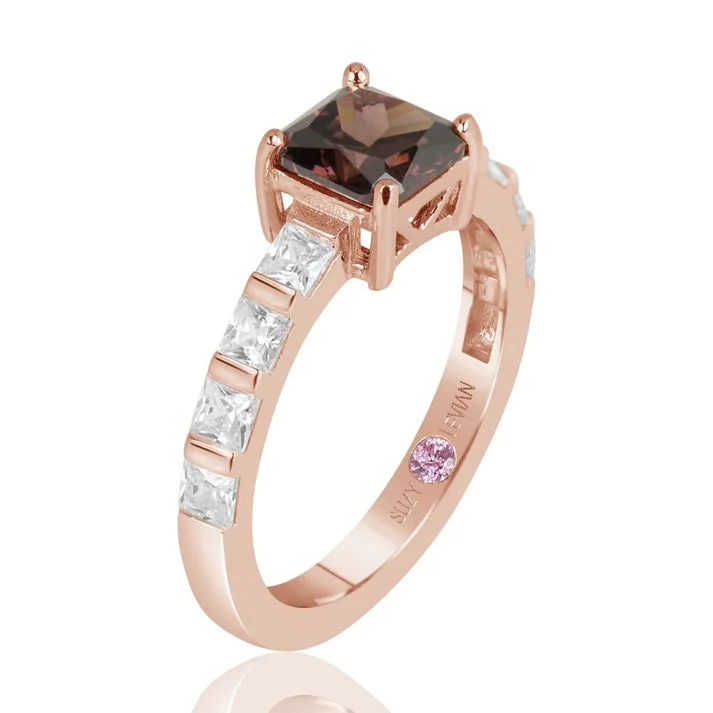 Rings with fluorite stones for rainbow shine -Suzy Levian Rose Sterling Silver Light Brown Asscher Cut Cubic Zirconia Solitaire Engagement Ring