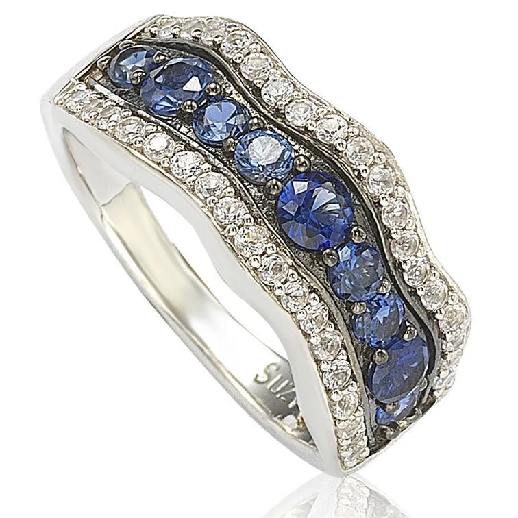 Chunky rings with hammered gold band texture -Suzy Levian Sapphire and Diamond Accent in Sterling Silver Wavy Ring