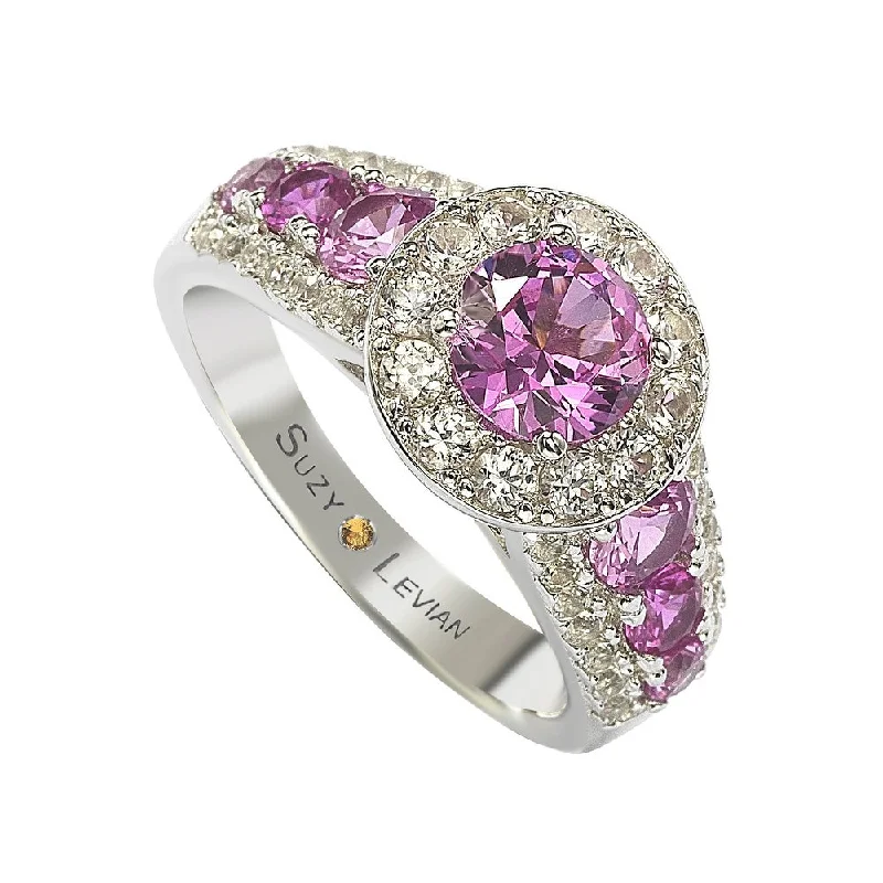 Rings with aventurine gems for green luck -Suzy Levian Sterling Silver 3 3/5ct TGW Pink Sapphire and Diamond Accent Engagement Ring