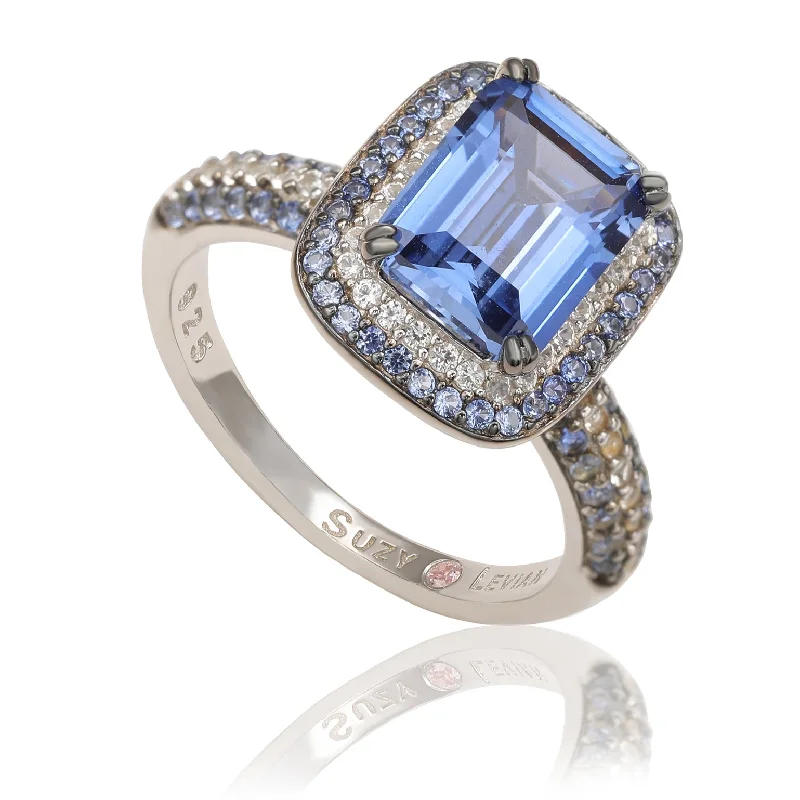 Rings with tiger eye for warm tones -Suzy Levian Sterling Silver Blue Sapphire Diamond Accent Halo Ring