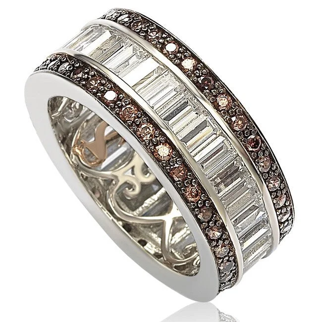 Rings with smoky quartz for muted elegance -Suzy Levian Sterling Silver Cubic Zirconia Brown and White Baguette Eternity Band