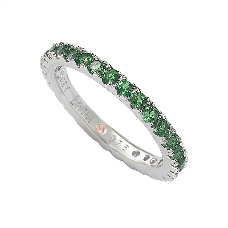 Rings with oxidized bands for vintage edge -Suzy Levian Sterling Silver Green Cubic Zirconia Eternity Band