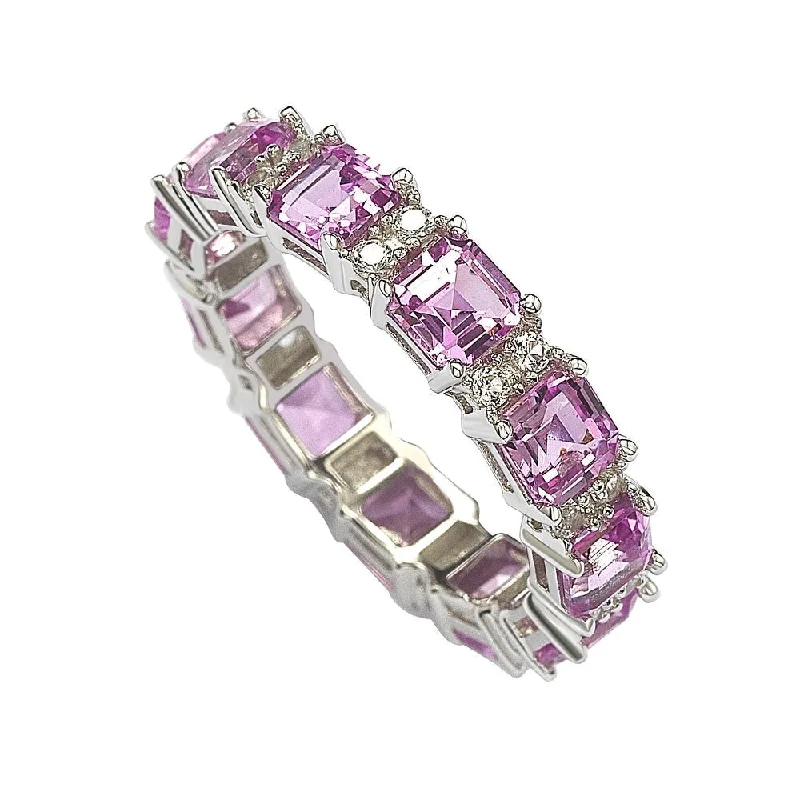 Rings with knot motifs for symbolic love -Suzy Levian Sterling Silver Pink Sapphire and Diamond Accent Eternity Band