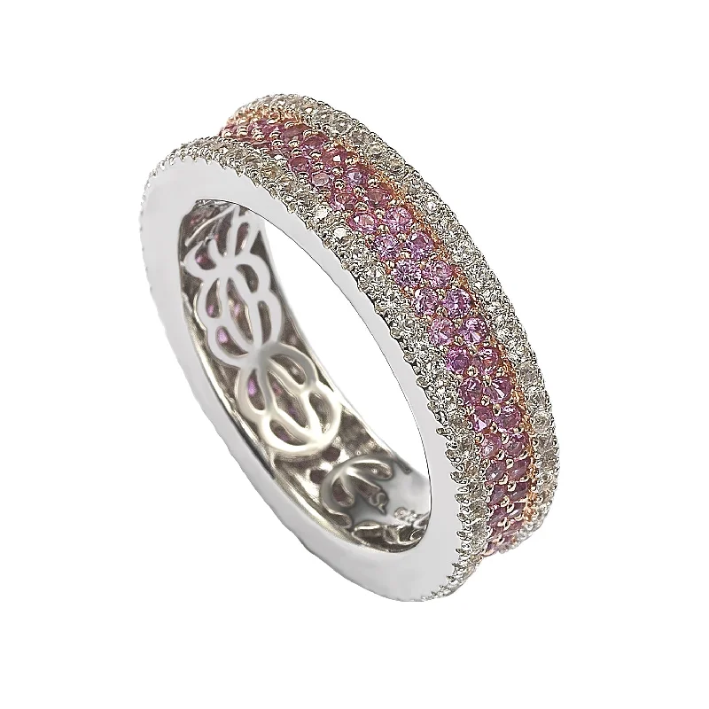 Gold rings with intricate celtic knot patterns -Suzy Levian Sterling Silver Pink Sapphire and Diamond Accent Pave Eternity Band