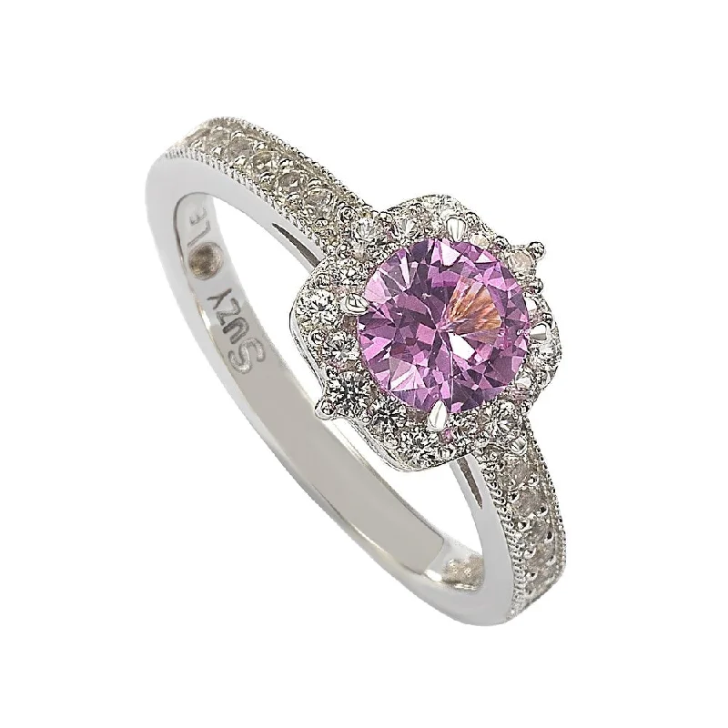 Rings with crescent moon for lunar charm -Suzy Levian Sterling Silver Pink Sapphire & Diamond Accent Center Stone Ring